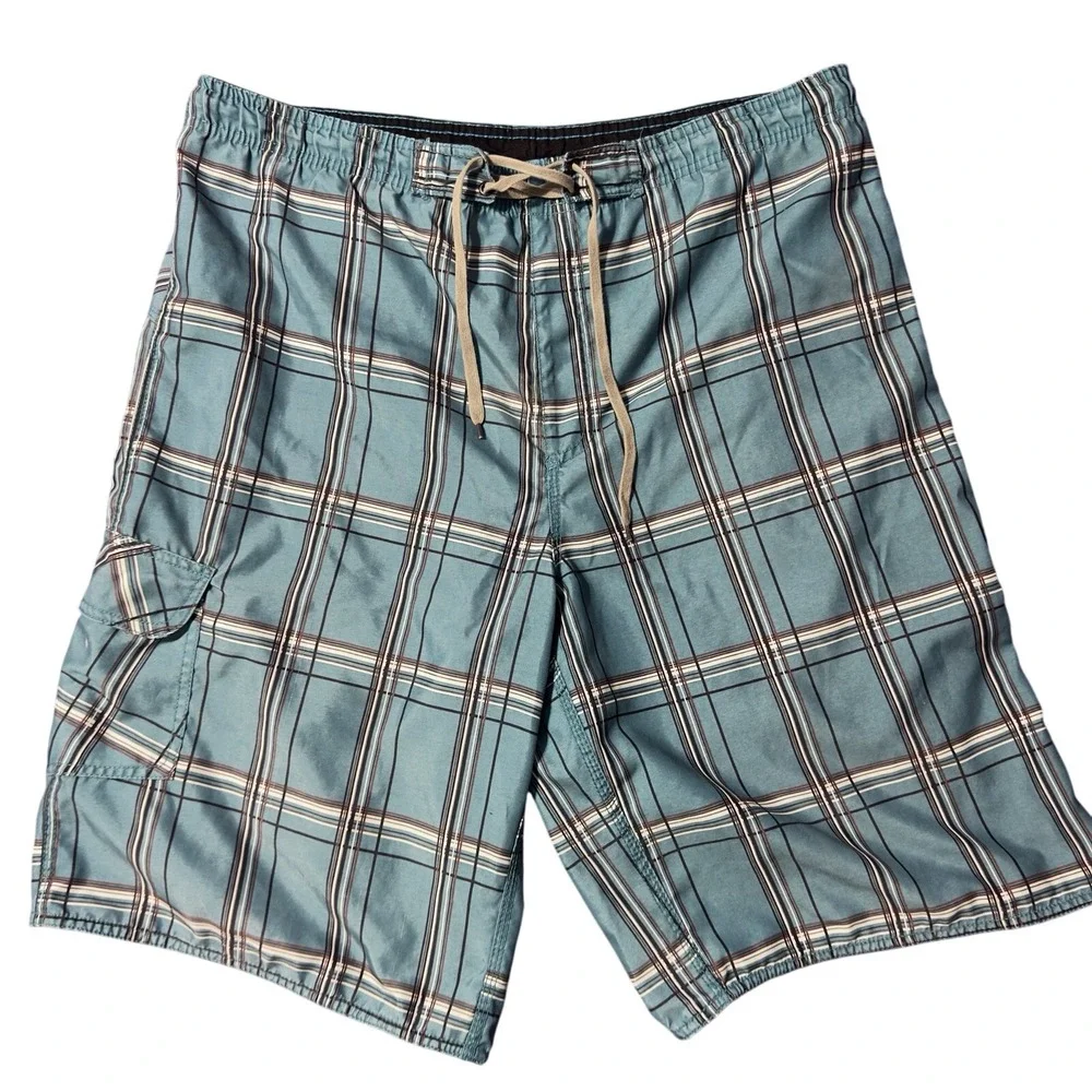 Burnside Board Shorts Mens Medium Blue Plaid Swim Trunks Cargo Pocket Drawstring
